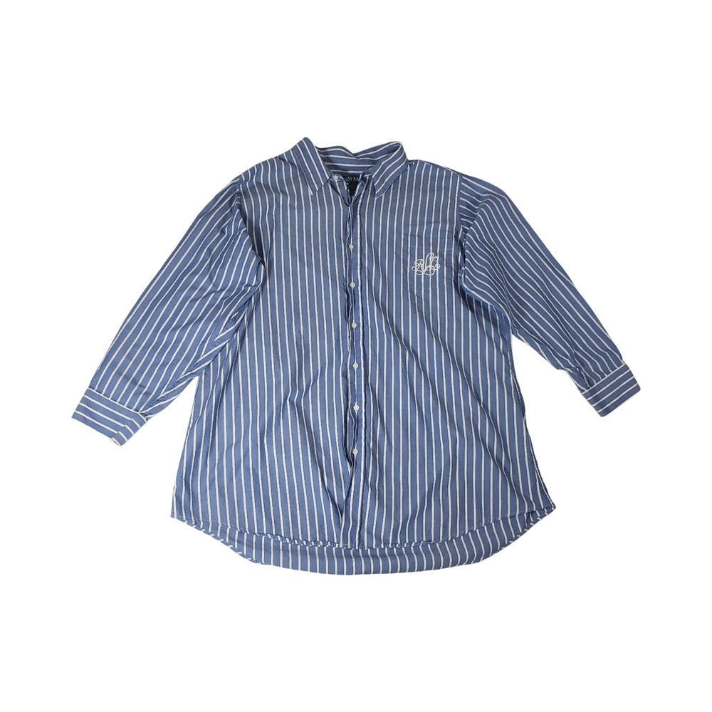 Lauren Ralph Lauren Blue White Striped Monogram Button Down Shirt L/XL